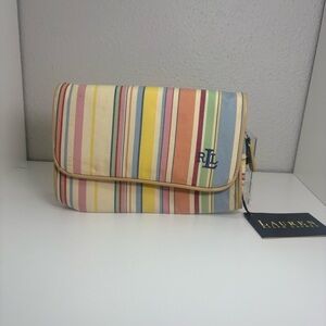 Vintage Ralph Lauren Stripped Cosmetic Makeup Bag w/ Mirror Zipper